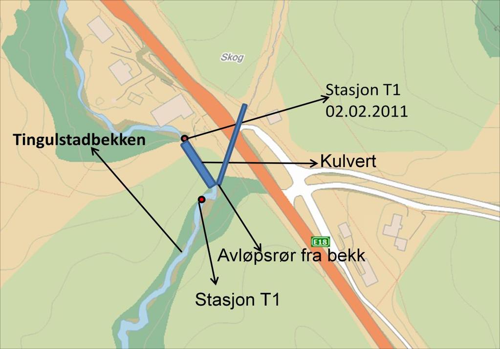 Oversiktskart med plassering av målestasjon T1, og prøvetakingspunkt i Tingulstadbekken, 02.02.2011. Bekkeløpet var bunnfryst ved stasjon T1.
