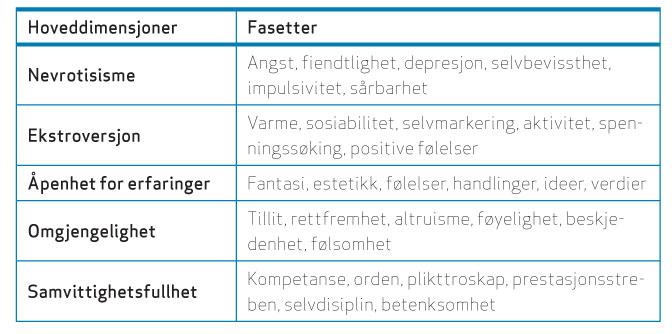 Personlighetsteori: Big five Femfaktormodellen.