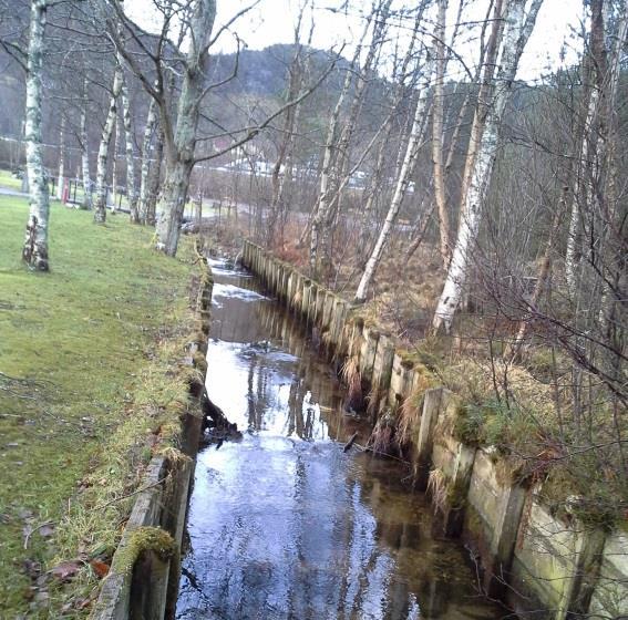 Flomvoll eller bredere bekken Det trenges tiltak nedstrøms bruen på vestside (høyre bredd) langs en strekning på 100 m. Man må enten gjør bekken 1 m bredere eller bygge en flomvoll med maks.