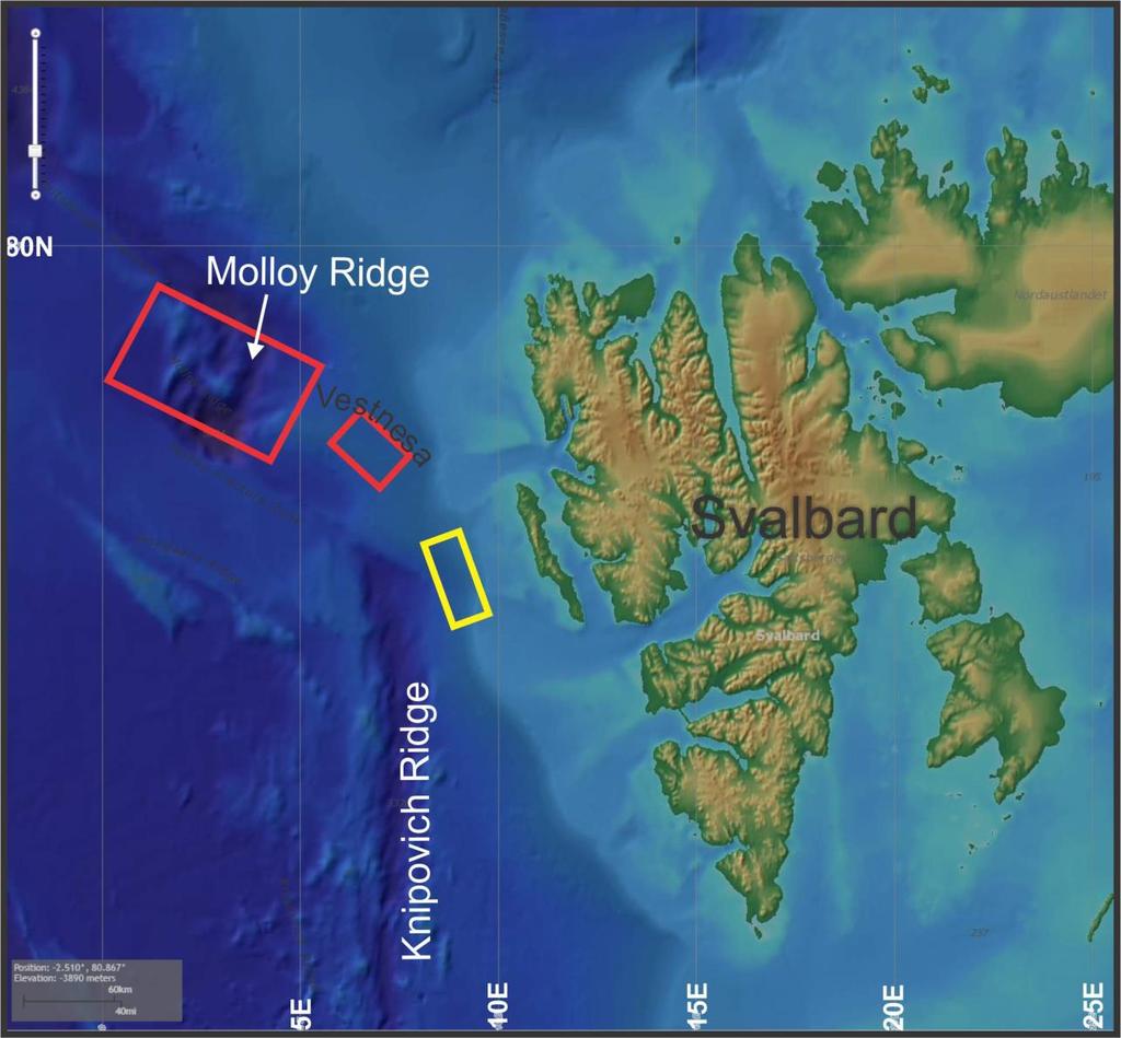 Fig. 2: Arbeidsområde for tokt 1 på kontinentalmarginen vest for Svalbard er