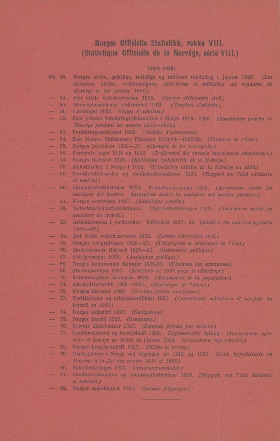 orges Offisielle Statistikk, rekke Vill (Statistique Officielle de la orvège, série VIII) Trykt 1928: (Les 48 orges civile, geistlige, rettslige og militære inndeling 1 januar 1928 divisions civiles,