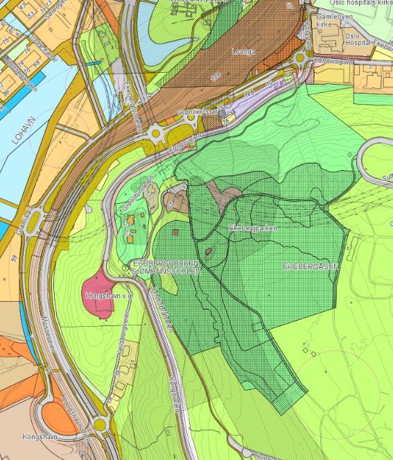 2 Gjeldende regulering og arealbruk i området Figur 1 viser gjeldende regulering i området. I tillegg til vei- og baneareal består planområdet i hovedsak av park, friområder og naturområder.