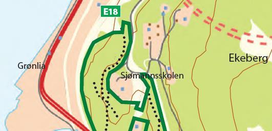 Figur 5: Grense for Ekebergskråningen naturreservat er vist med grønn strek. Området sørøst for Ekebergbanen inngår i Ekebergparken som åpnet høsten 2013.