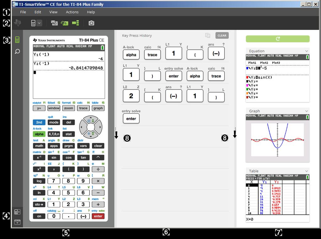 Bruke TI-SmartView CE Calculator Emulatorarbeidsområdet TI-SmartView CE Calculator Emulator-arbeidsområdet inneholder verktøy du kan bruke