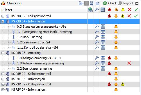 Kontrollskjemaer for de ulike kontrollene, så vel som sjekkliste for statusnivå i modell ligger tilgjengelig i Excel-fil som brukes ved ulike kontroller ved siden av modellen i Solibri.