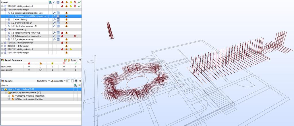 Tilsvarende regelsjekk i Solibri skal sikre at alle armeringsjern har egenskaper for Partisjon og Host Mark utfylt.