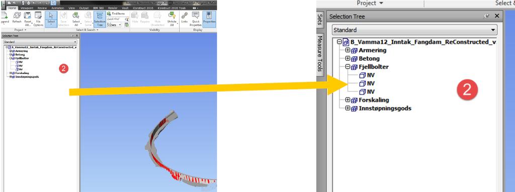 Neste figur viser modellstruktur i Navisworks, før og etter