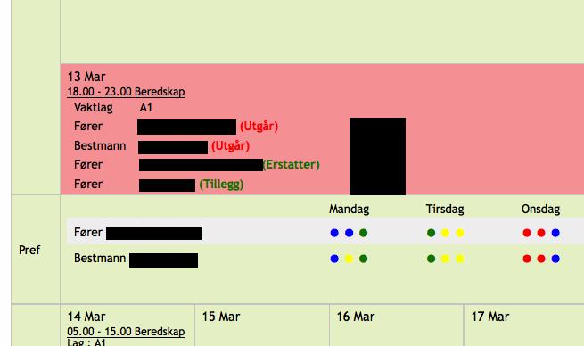 ligger mye tekst i informasjonsfeltet på en av vaktene. I utvidet modus vil en se alle registrerte vaktpreferanser for den gjeldende uke.