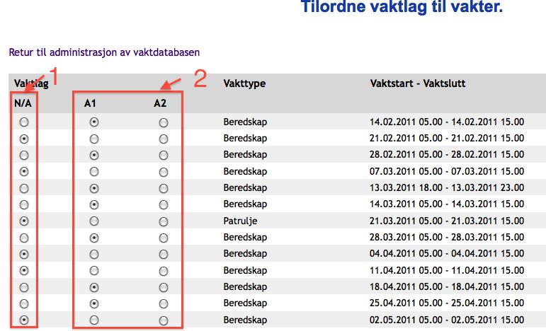 25.2.3 Tilordne vaktlag til vakter Vaktlag kan tilordnes alle typer vakter. Det er en forutsetning at det er definert bruk av vaktlag for det aktuelle korpset, slik som beskrevet i kapittel 25.2.2.1 Definere antall vaktlag og vaktlagsgrupper og 25.