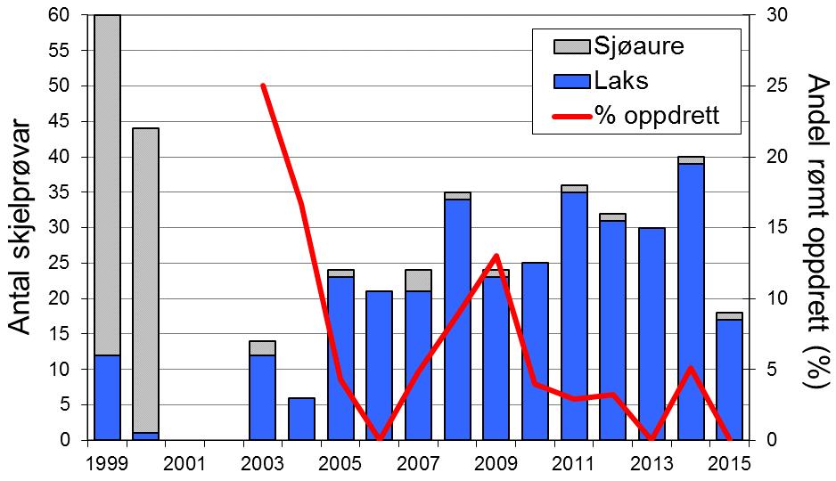 Detter er den lågaste fangsten sidan 1970-talet Utviklinga i sjøaurefangstar dei siste åra er mykje den same som ein ser i resten av fylket, medan laksefangstane ikkje følgjer fylkestrenden i særleg