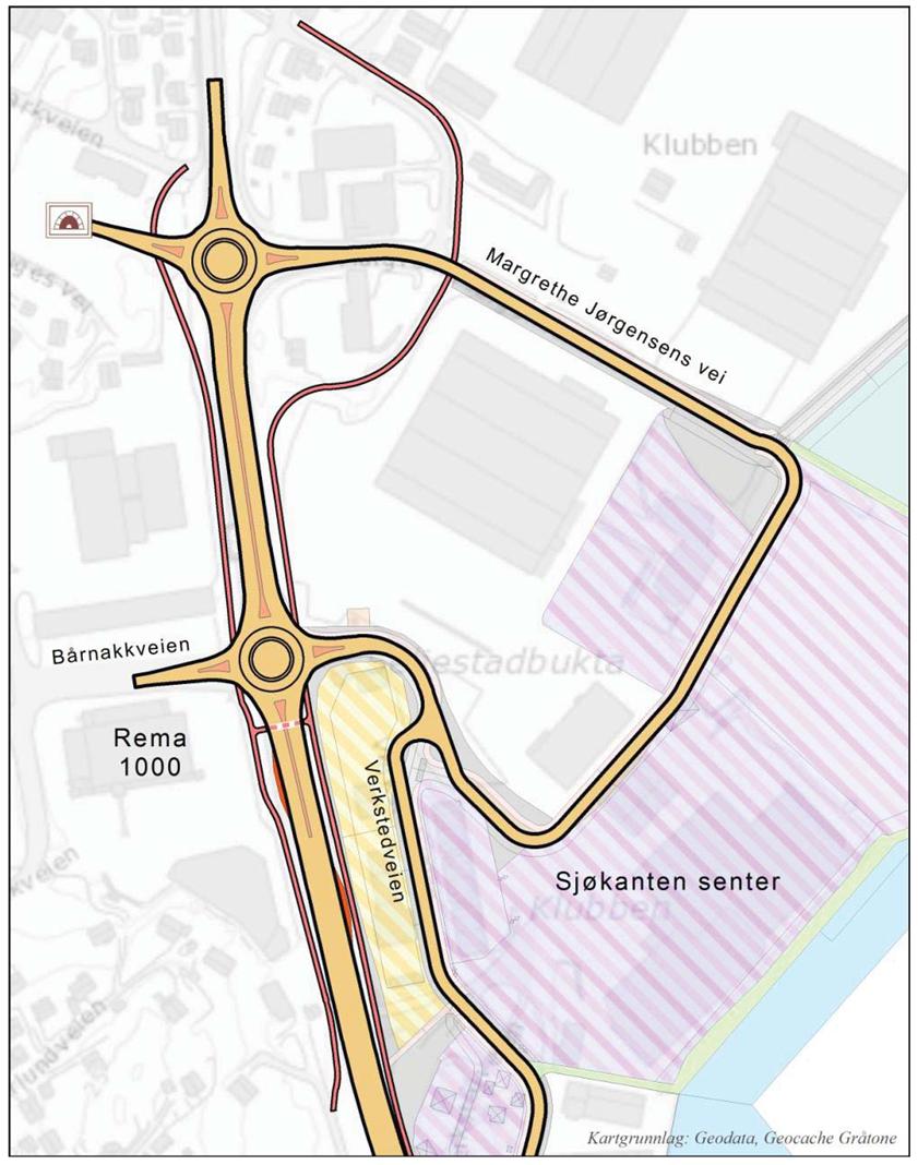 Side: 6 Figur 3: Prinsippskisse som viser framtidige rundkjøringer og ny vegforbindelse mellom Margrethe Jørgensens veg og Verkstedvegen.