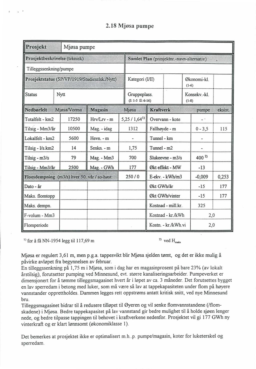 2.18 Mjøsa pumpe Økonomi-kl. (1-6) Konsekv.-kl. Tilsig - Mm3/år 10500 Mag. -idag 1312 Fallhøyde - m 0-3,5 115 Lokalfelt - km2 5600 Hevn. - m Tunnel- km Tilsig - lis.km2 14 Senkn.