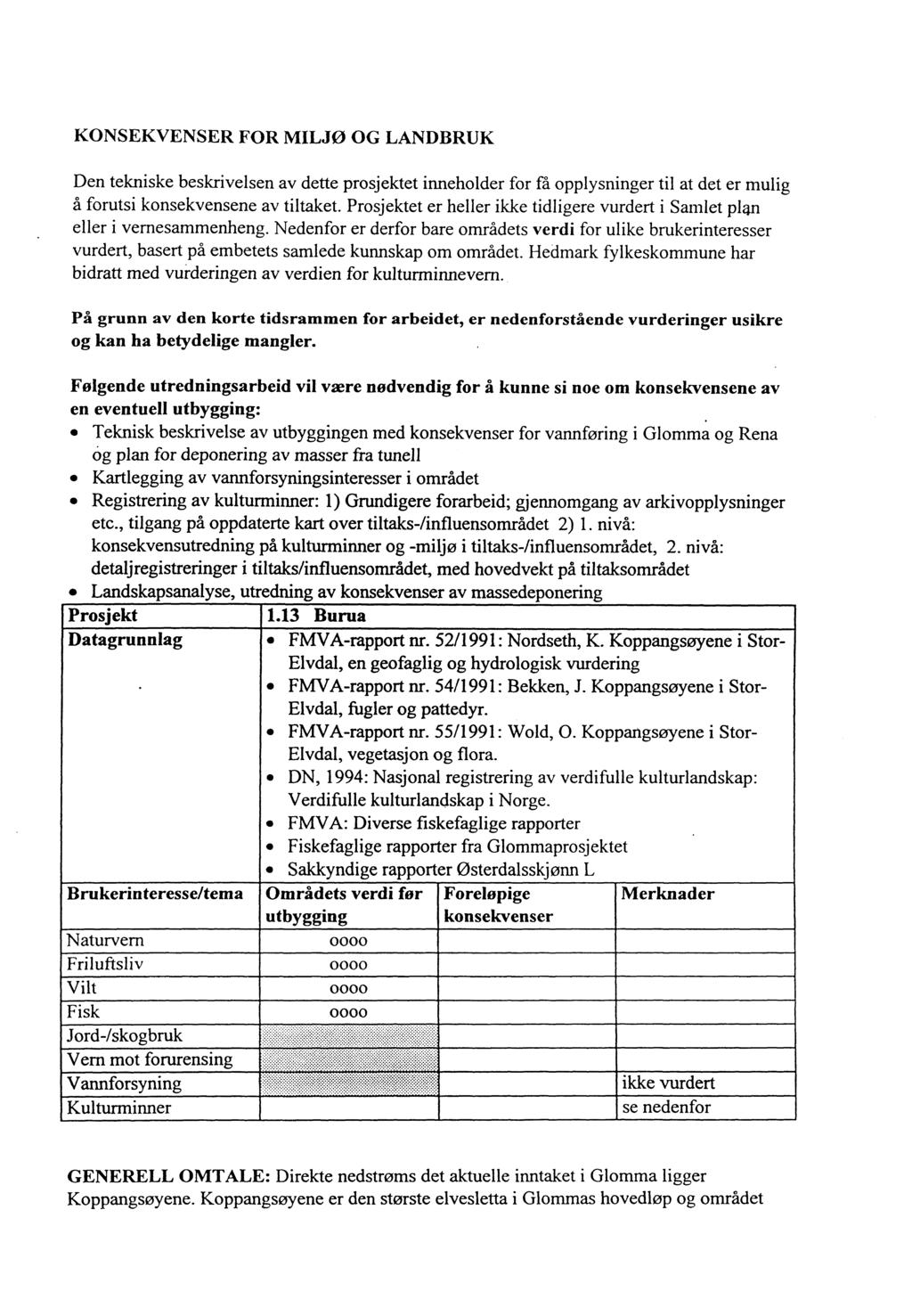 KONSEKVENSER FOR MILJØ OG LANDBRUK Den tekniske beskrivelsen av dette prosjektet inneholder for få opplysninger til at det er mulig å forutsi konsekvensene av tiltaket.