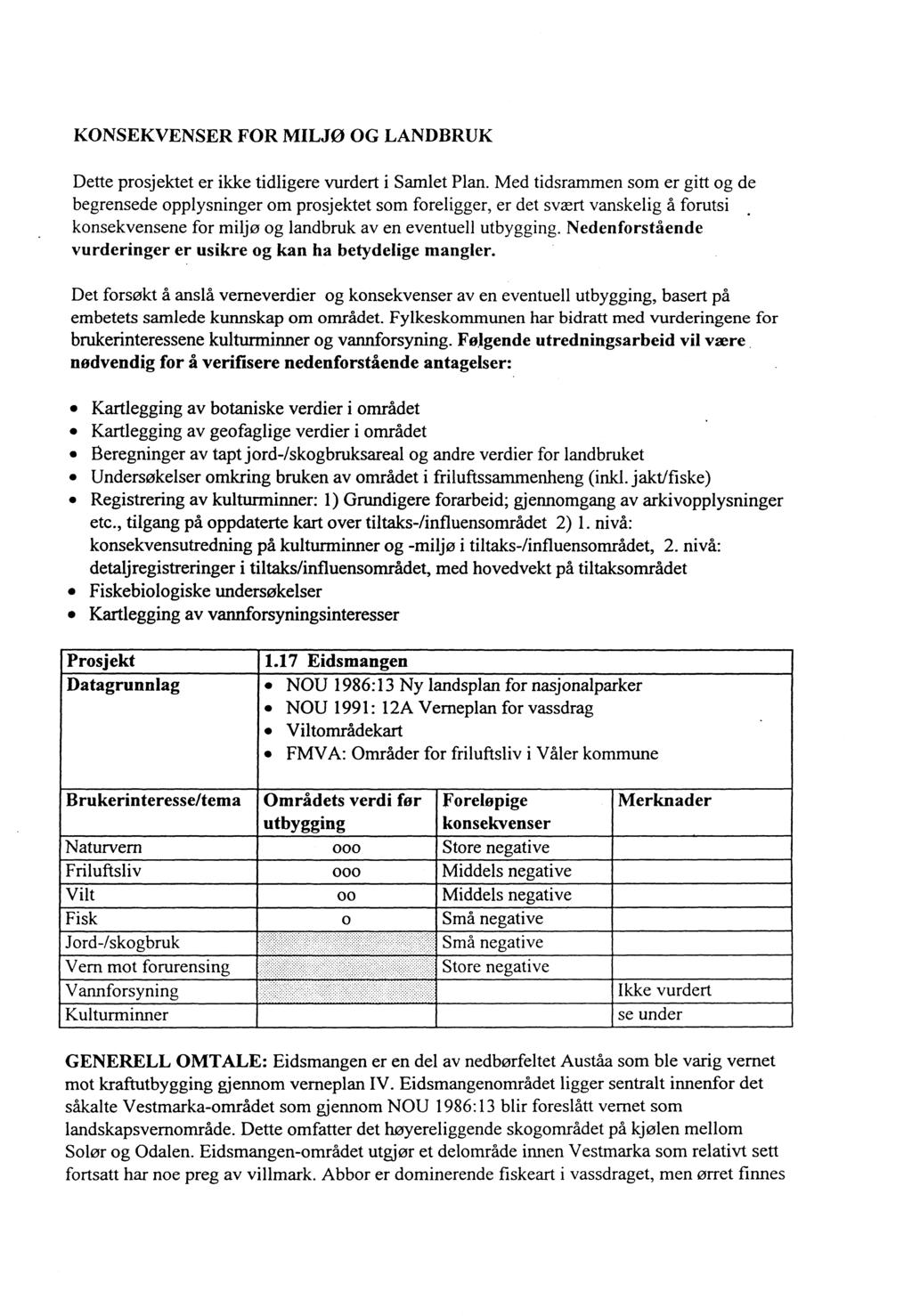 KONSEKVENSER FOR MILJØ OG LANDBRUK Dette prosjektet er ikke tidligere vurdert i Samlet Plan.