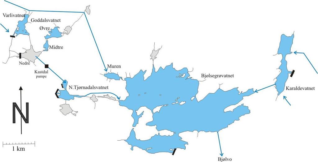 INNSJØENE De undersøkte innsjøene ligger i fjellområdet nord for tettstedet Ålvik i Kvam herad. Alle innsjøene ligger i høydeintervallet mellom 8 og 88 moh. (figur, tabell ).