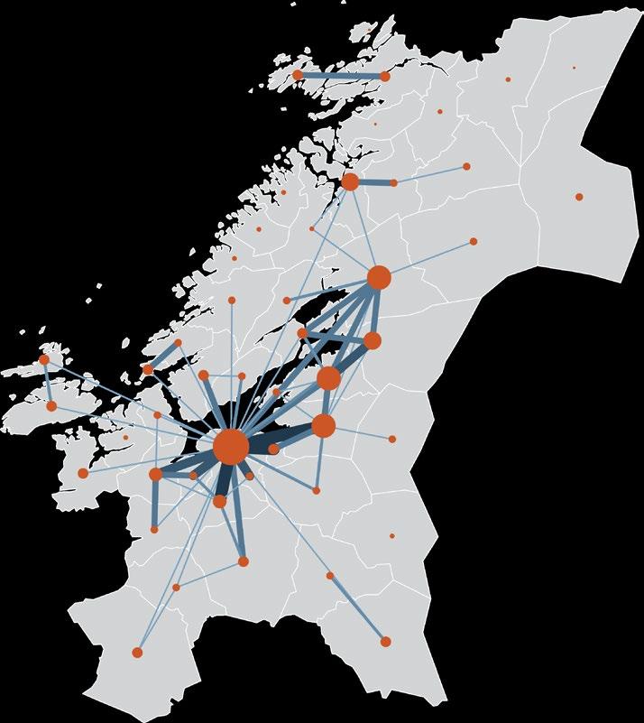 Internt i en kommune Mellom kommuner Figur 6: Arbeidspendling internt og mellom kommuner Arbeidspendling internt i kommuner (røde sirkler) og mellom kommuner (blå linjer).