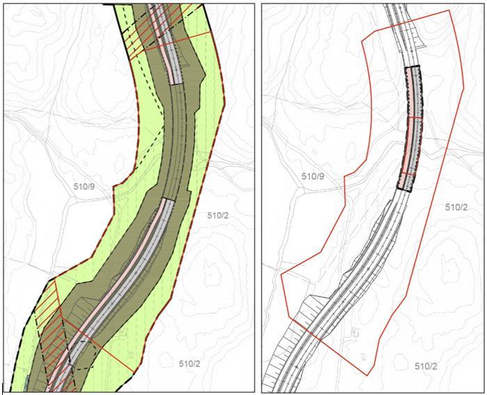 Gjeldende reguleringsplankart Figur 1: Utsnitt fra gjeldende plankart for vertikalnivå 2, på terreng til venstre og for vertikalnivå 3, over terreng til høyre.