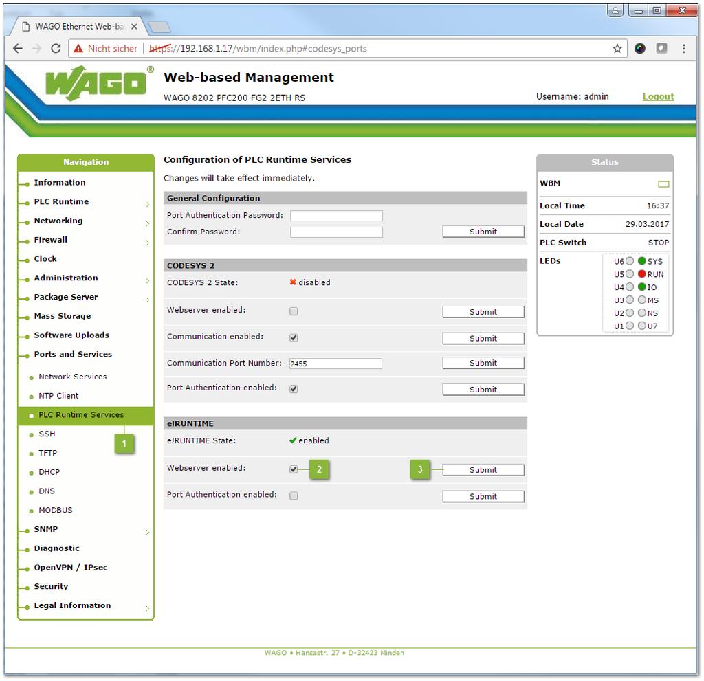 33 3.3.3. Aktivere webserver PLC runtime services I undermenyen Ports and Services velg PLC Runtime Services. Web server enabled I feltet e!