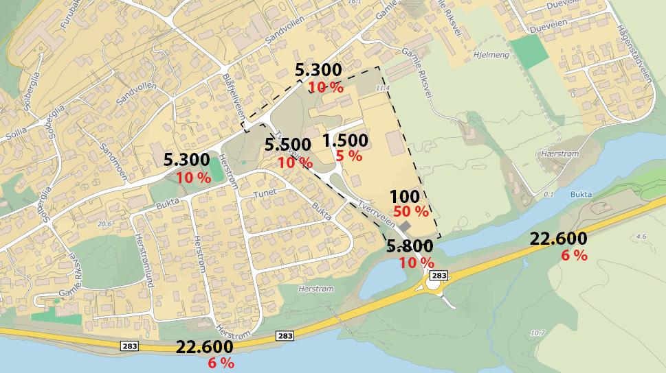 Side 8 av 21 2.6 Trafikk år 2035 inkludert generell og spesiell trafikkvekst Beregnet fremtidig trafikk på veinettet er vist i figur 5. Den største absolutte trafikkveksten er på fv. 283 med 4800 ÅDT.