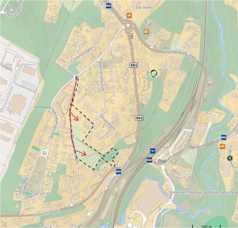 Adkomst til planområdet med bil vil være fra Bjørnsrudskogen i nord, via Bjørnsrudvegen. Det er gang- og sykkelveg langs vegen Bjørnsrudskogen og frem til Dal skole.