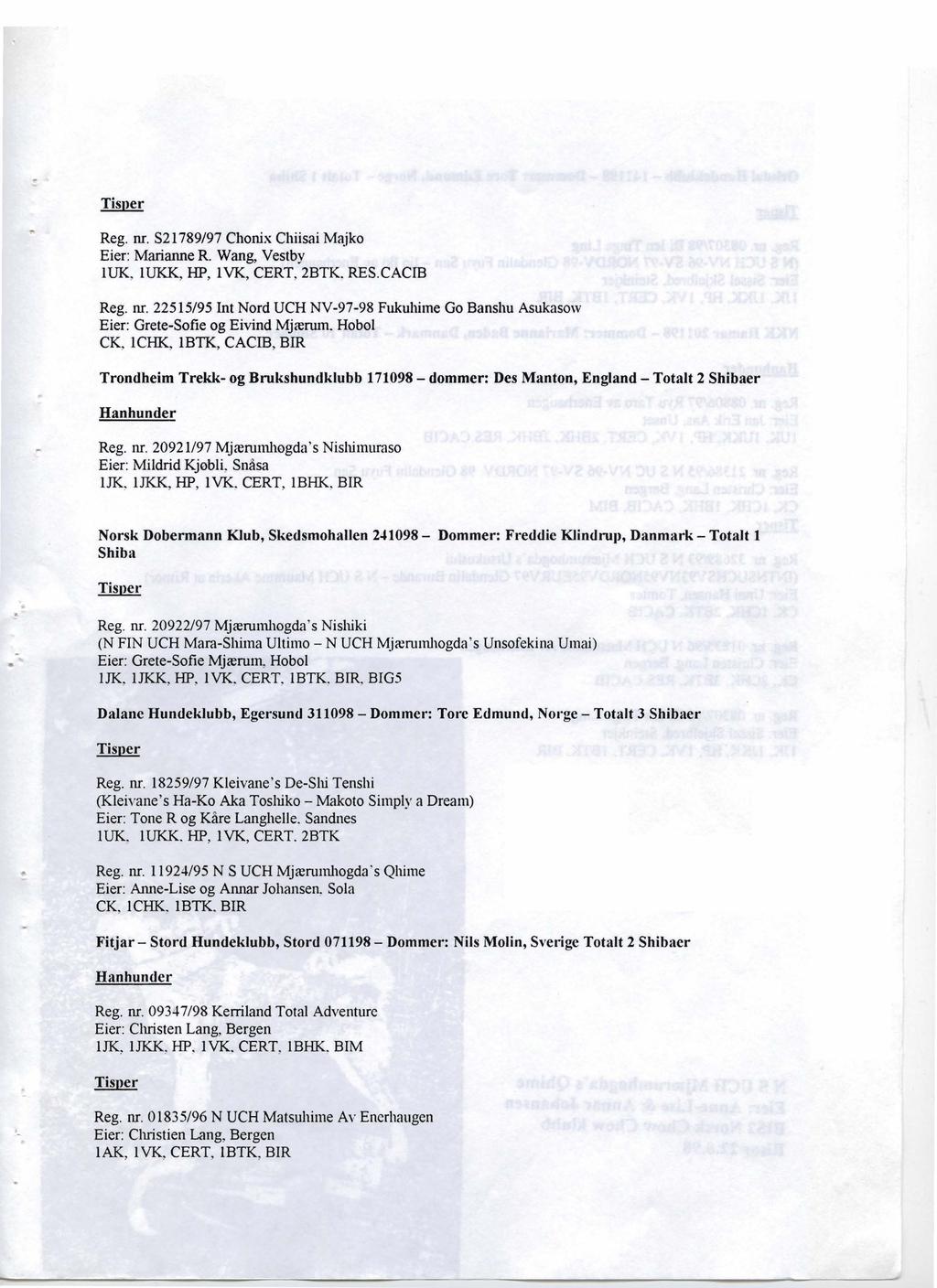 Reg. nr. S21789/97 Chonix Chiisai Majko Eier: Marianne R. Wang, Vestby luk, lukk, HP, lvk, CERT, 2BTK. RES.CACm Reg. nr. 22515/95 Int Nord UCH NV-97-98 Fukuhime Go Banshu Asukasow Eier: Grete-Sofie og Eivind Mjærum.