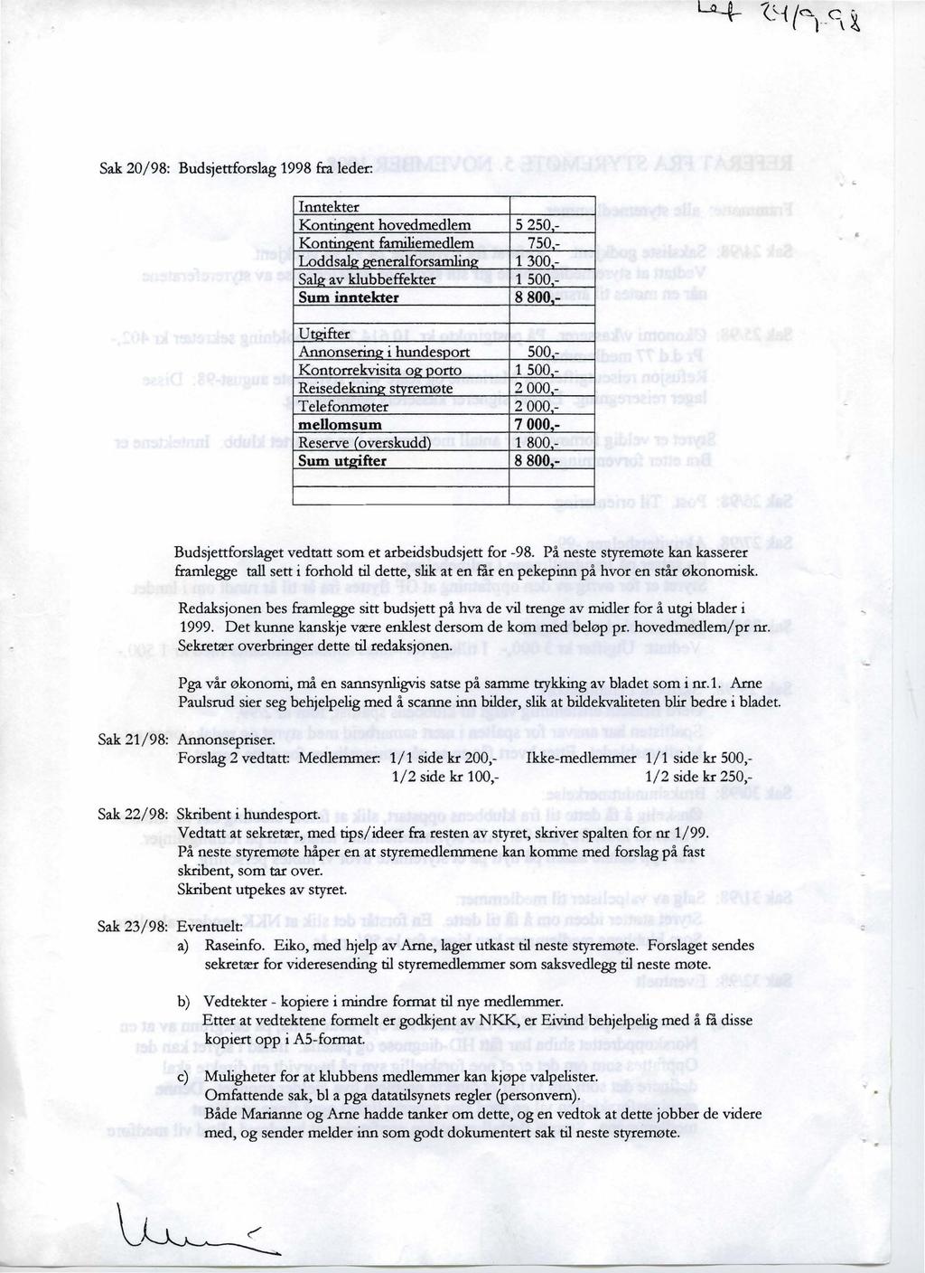 . z~-{ fe. C ij }- \ ~ Sak 20/98: Budsjettforslag 1998 fra leder: Inntekter KontinQent hovedmedlem 5250 Konrimrentf~emeillem 750 - Loddsak! Qeneralforsamlinl!