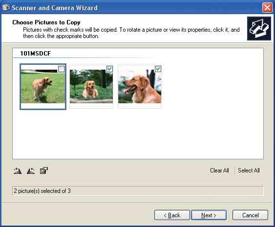 Kopiere bilder til datamaskinen 2 Klikk [Next]. Bildene som er lagret på kameraets "Memory Stick Duo", vises. Hvis det ikke er satt inn en "Memory Stick Duo", vises bildene i internminnet.