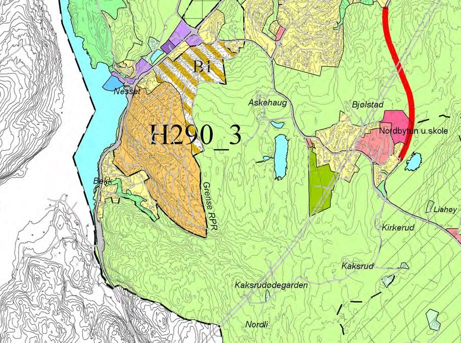 Fig 2: Vedtatt kommuneplan for 2011-2023. Tømrernes feriehjem i oransje, syd for B1, med sone H290_3.