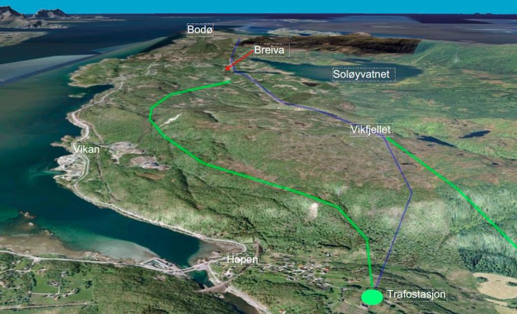 Side 19 Figur 5: Terrengmodell. Grønn strek viser omsøkte ledninger. Blå strek viser eksisterende. 3.