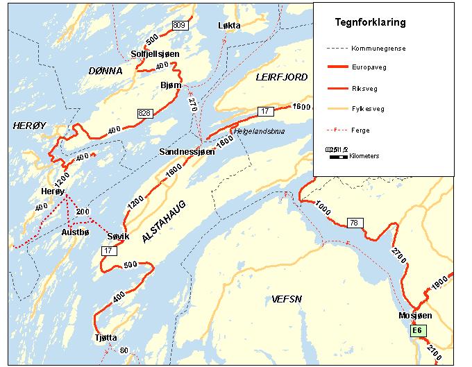 7 Tabell 3: Avstand og kjøretid på vegnettet og ferjer Kilde: Statens vegvesen Strekning Avstand (km) Kjøretid (timer:minutt) Herøy (Flostad) Dønna (Bjørn) 27 0:30 Solfjellsjøen Bjørn 10 0:10 Søvik -