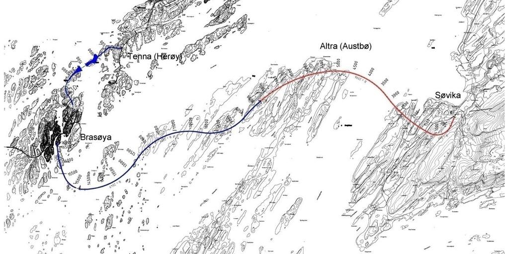 32 6.6 Alternativ forbindelse med kort tunnel Figur 37: Mulig trasé fra Søvik via Altra til Brasøya. Viser en alternativ trasé med kort tunnel.