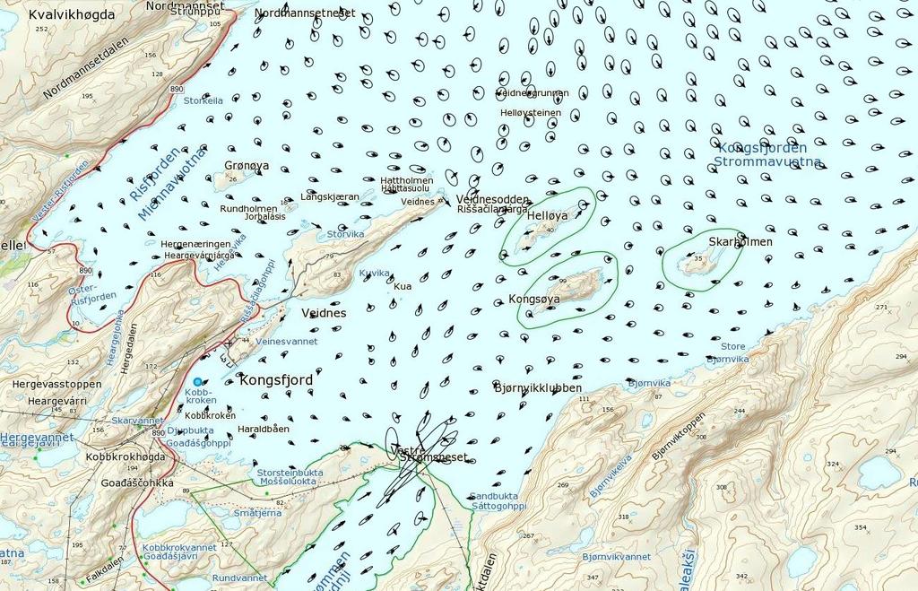 Figur 2: Modellert gjennomsnittstrøm for 5 meters dyp i Kongsfjorden, Finnmark generert med modellverktøyet "Strømmodellering Finnmark" utviklet at Akvaplan-niva (www.stroms.no).