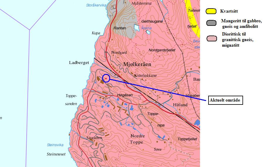 Figur 3 Berggrunnskart for aktuelt område (www.ngu.no). Sprekkeforhold Det har ikke blitt gjennomført en detaljert sprekkekartlegging, men det er identifisert fire sprekkesystemer i området.