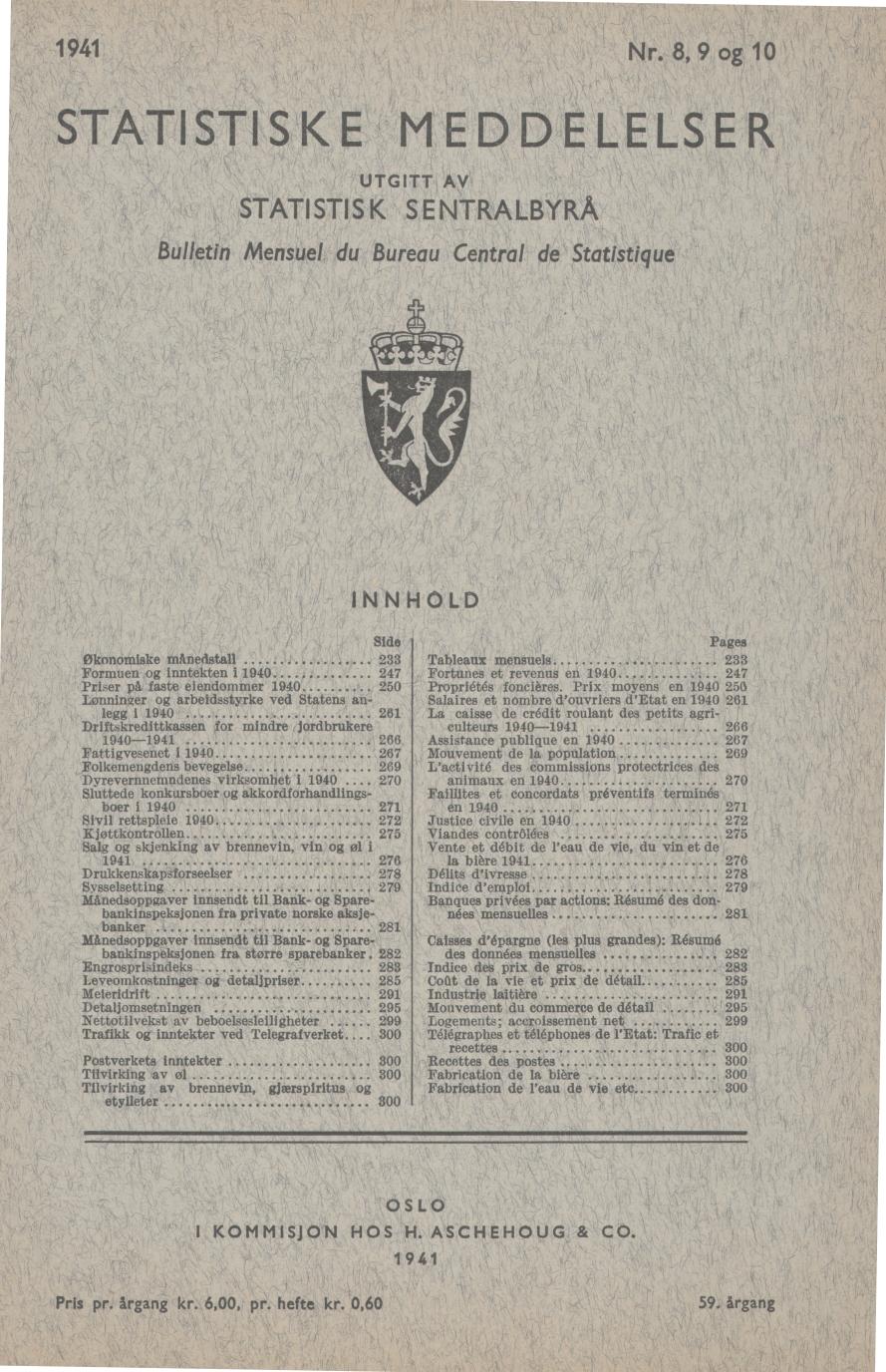 Nr. 8, 9 og 0 STATISTISKE MEDDELELSER UTGITT AV STATISTISK SENTRALBYRÅ Bulletin Mensuel du Bureau Central de Statistique INNHOLD Side Økonomiske månedstall 238 Formuen og inntekten i 940 247 Priser