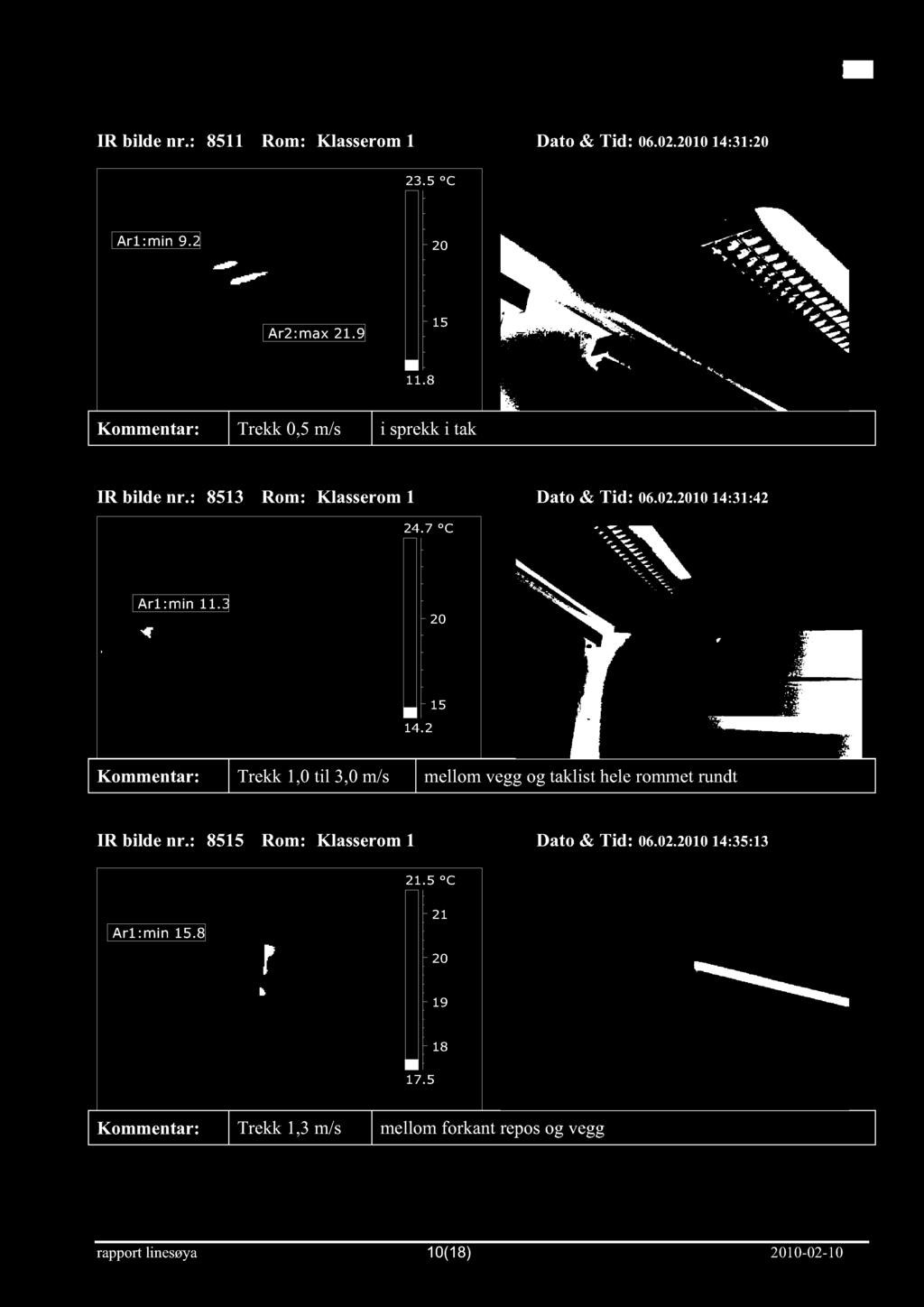 IR bilde nr.: 511 Rom: Klasserom1 Dato & Tid: 06.02.14:31: 23.5 C Ar1:min 9. 2 Ar2:max 21.9 15 11. Trekk 0,5m/s i sprekki tak IR bilde nr.: 513 Rom: Klasserom1 Dato & Tid: 06.02.14:31:42 24.