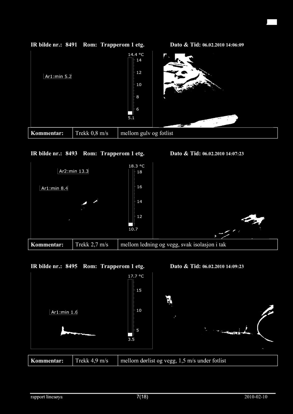 IR bilde nr.: 491 Rom: Tr apperom 1 etg. 1 4.4 C 14 Dato & Tid: 06.02 2.14:06: :09 Ar1 :min 5. 2 5. 1 6 Trekk 0,m/ /s mellom gulv og fotlist IR bilde nr.: 493 Rom: Tr apperom 1 etg. Dato & Tid: 06.02 2.14:07: :23 Ar2:min 13.