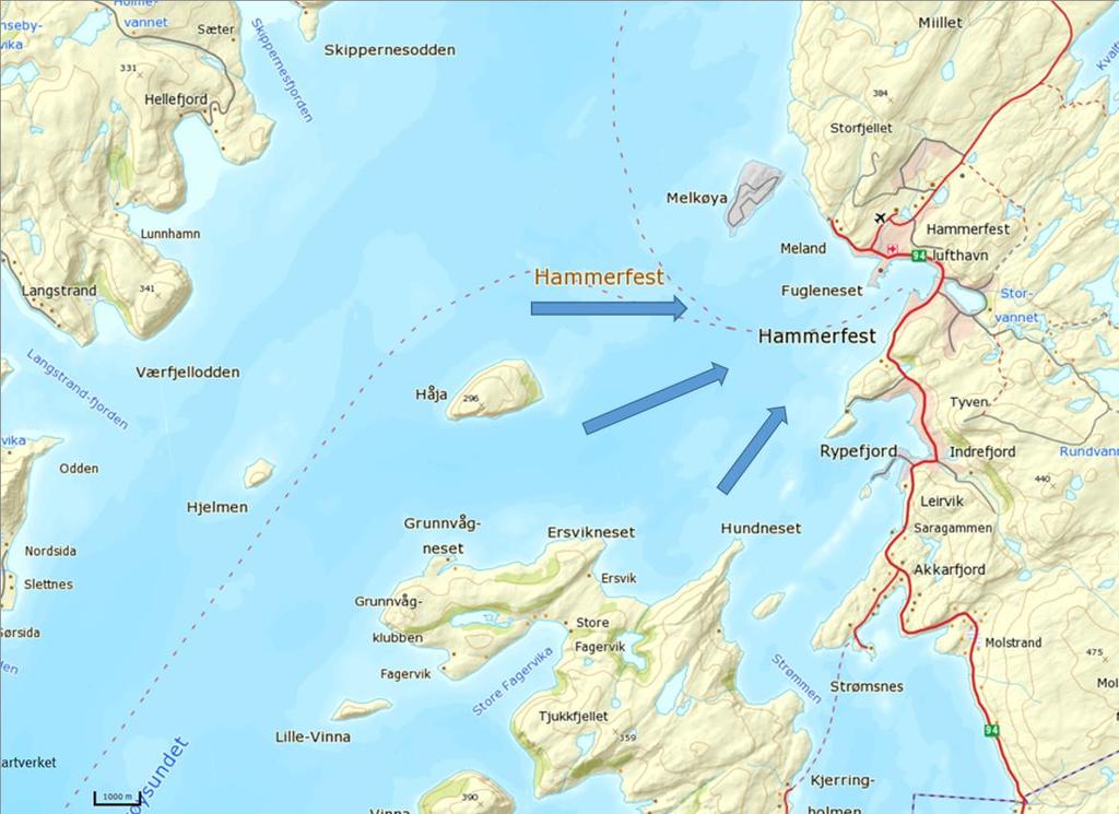 3 Overordnete planverk utbyggingen. Evt. tiltak vedr. forurenset grunn forutsettes ivaretatt i prosjektet «Hammerfest ren havn». 2.4 Maritime forhold Fig 2.4-1: Hammerfest havn Sørøysundet.