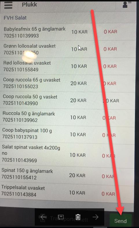 Eder at alle pallene er scannet trykker man på send, som da overfører
