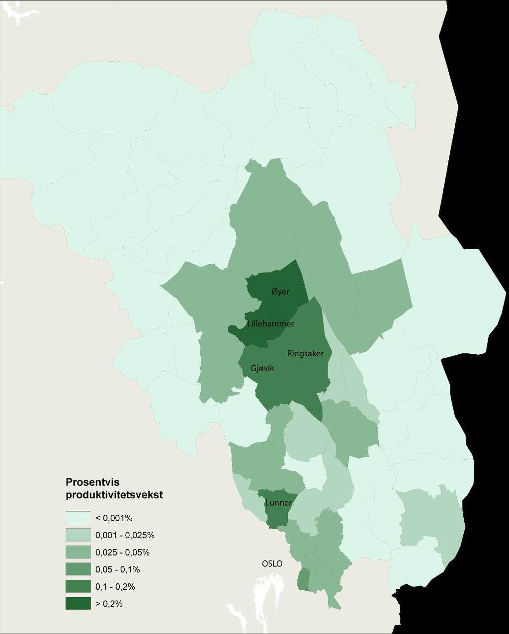 28 NETTO RINGVIRIKNINGER - TRE VEISTREKNINGER Figur 4-4 Prosentvis produktivtetsvekst på kommunenivå Alternativ 1 Moelv Øyer syd Kartet i Figur 4-4 viser prosentvis vekst fordelt på kommuner, der