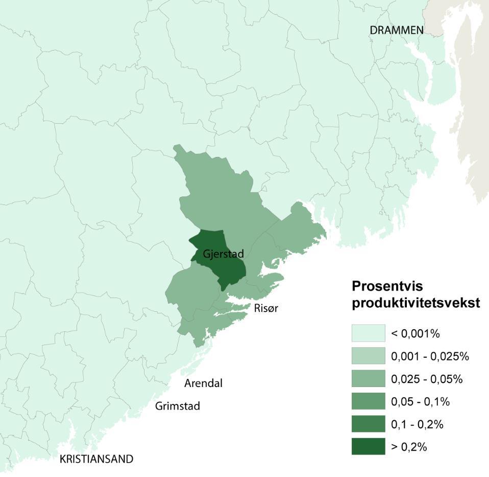 32 NETTO RINGVIRIKNINGER - TRE VEISTREKNINGER Figur 4-7 Prosentvis produktivtetsvekst på kommunenivå Alternativ 1 Dørdal Tvedestrand.