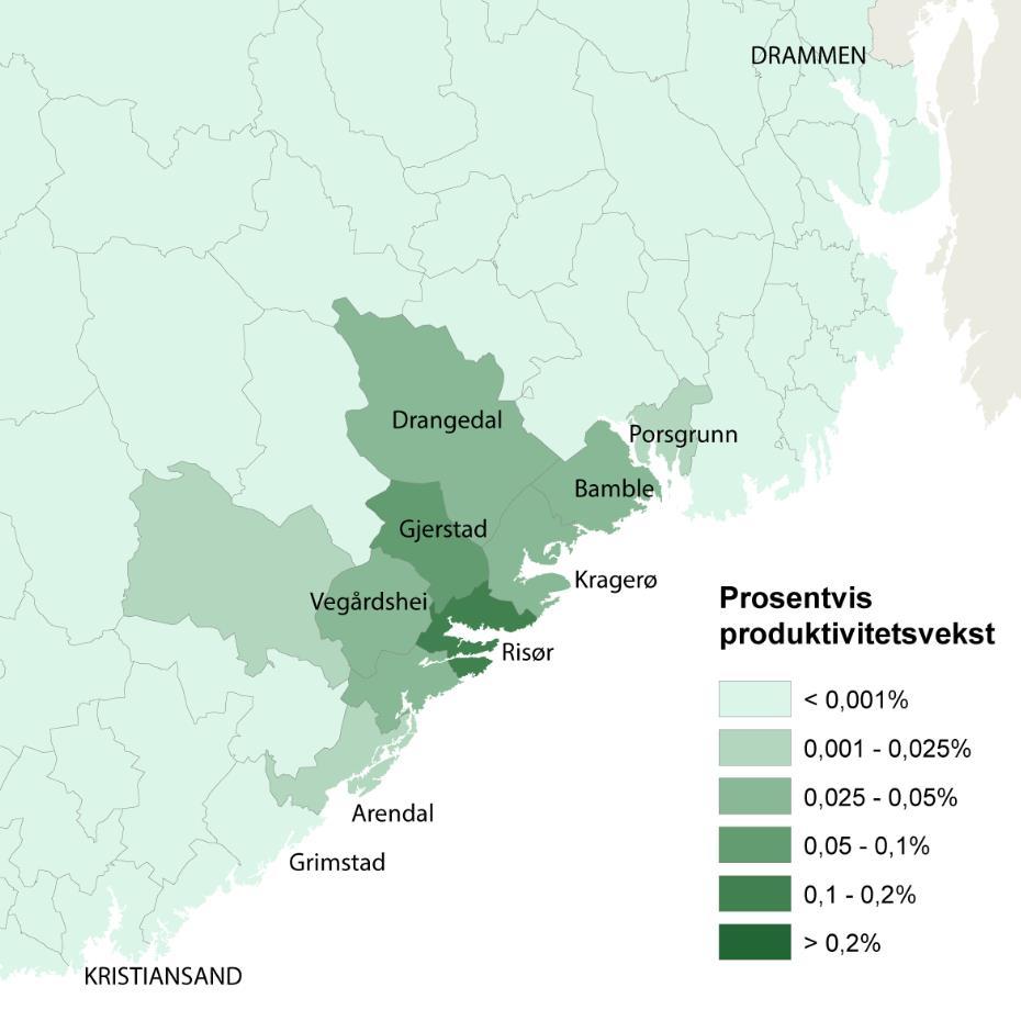 NETTO RINGVIRKNINGER - TRE VEISTREKNINGER 33 Figur 4-8 Prosentvis produktivtetsvekst på kommunenivå Alternativ RETT Dørdal Tvedestrand. 4.3.2 Skatteeffekter Endring i arbeidsreiser som bilfører eller bilpassasjer er hentet fra RTM.