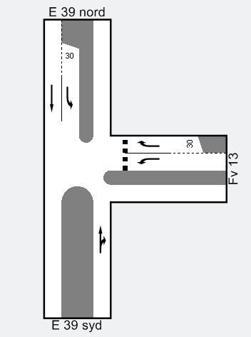 Berekningane synar følgjande tal: Figur 7. Berekning av trafikk i krysset E39/Fv13 ved fullført 1. etappe med venstresvingefelt, morgon og ettermiddag.