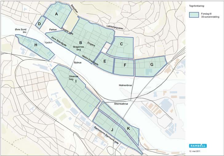 11 (26) 5. SONEVURDERING Ved vurdering av soneinndeling for fartsreduksjon (30-soner), er det forsøkt å sammenfalle grensene med eksisterende og planlagt boligsoneparkering.