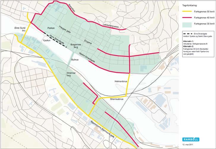 om disse er typiske gjennomfartsgater. Det foreslås 11 soner i sentrum med fartsgrense 30 km/t, se figur 6. Figur 6: Forslag til 30-soneinndeling. Figur 7: Forslag til fartsgrenser.