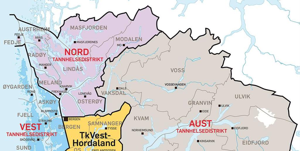 Oversikt over dei 6 tannhelsedistrikta. TKV-Hordaland er lokalisert på Årstadvollen i Bergen.