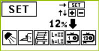 Trykk tast i 8 sekunder - Symbolene for bunnbeltetrinn 1 og bunnbeltetrinn 19 vises Innstilling av trinn 1 eller 19 ved hjelp av tasten SET Valg av trinn 1 - bunnbeltehastighet - reduser med tast "-"