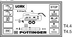 ISObus-terminal Variant uten tverrtransportør Tømme-meny Betydning av tastene: T1 stopp T2 Tømmeautomatikk - Åpning av bakveggen (displayvisning ) - Skrapegulv Fremløp - Doseringsvalse på - Tøm