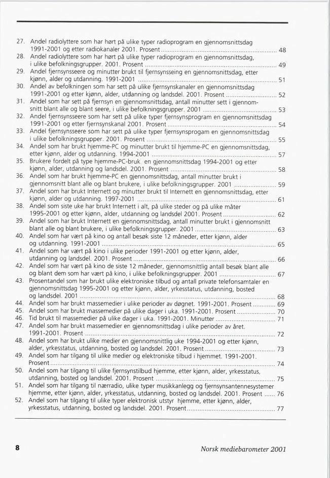 27. Andel radiolyttere som har hørt på ulike typer radioprogram en gjennomsnittsdag 1991-2001 og etter radiokanaler 2001. Prosent 8 28.