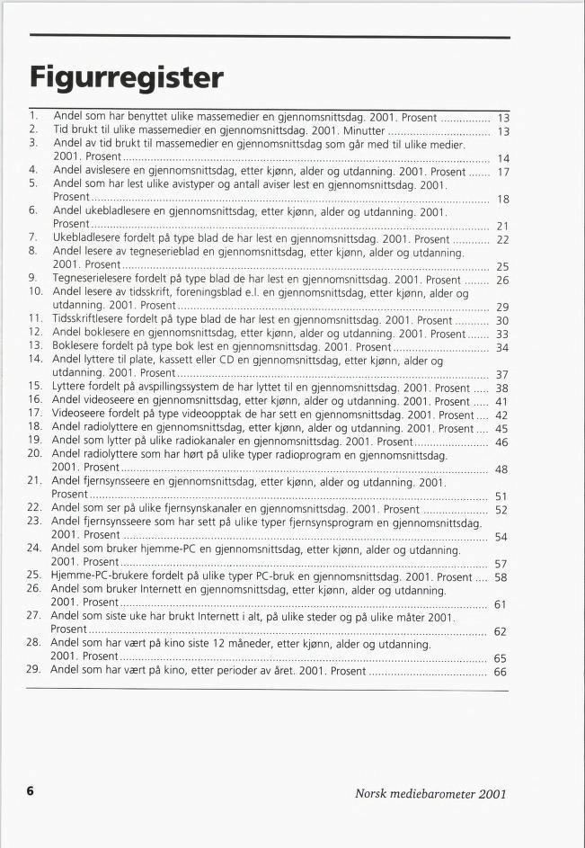 Figurregister 1. Andel som har benyttet ulike massemedier en gjennomsnittsdag. 2001. Prosent 13 2. Tid brukt til ulike massemedier en gjennomsnittsdag. 2001. Minutter 13 3.