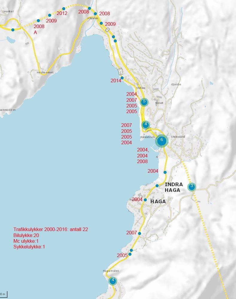 108 av 191 Fig 18: På strekninga Årland- Bjørkheim er det registrert 12 trafikkulykker i perioden 2000-2016. Øvrige ulykkespunkt på kartet er frå 90-talet.